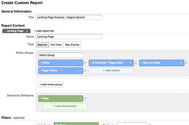 Landing Page Custom Report Configuration