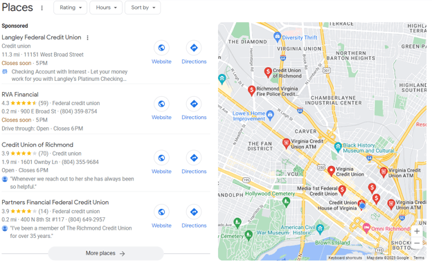 Screenshot of Google's search results for credit union in Richmond, VA.
