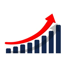 Navy blue graph with a red arrow pointing upwards indicating growth