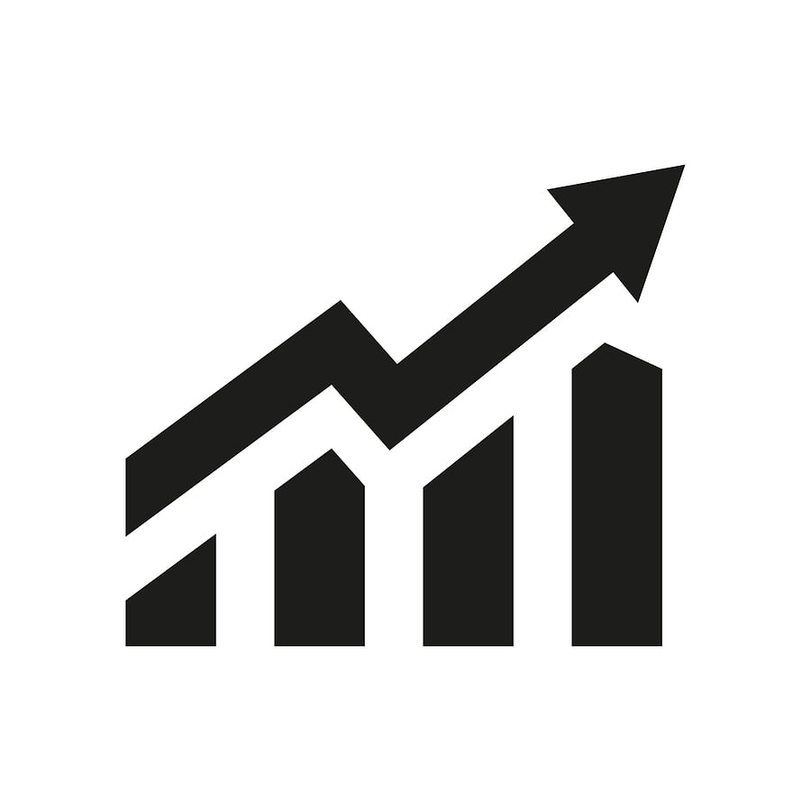 black bar graph with an arrow pointing upward indicating growth