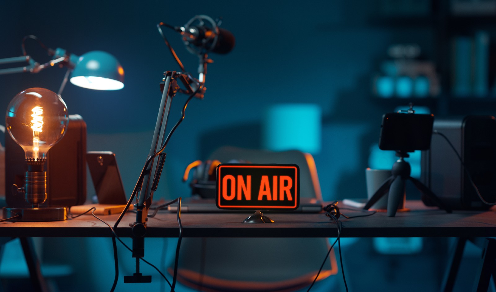 desk set up with podcast and video equipment