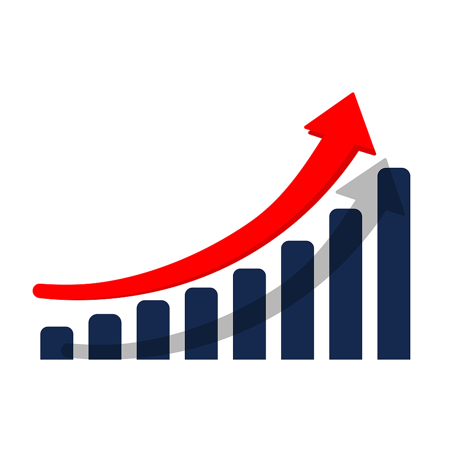 Navy blue graph with a red arrow pointing upwards indicating growth