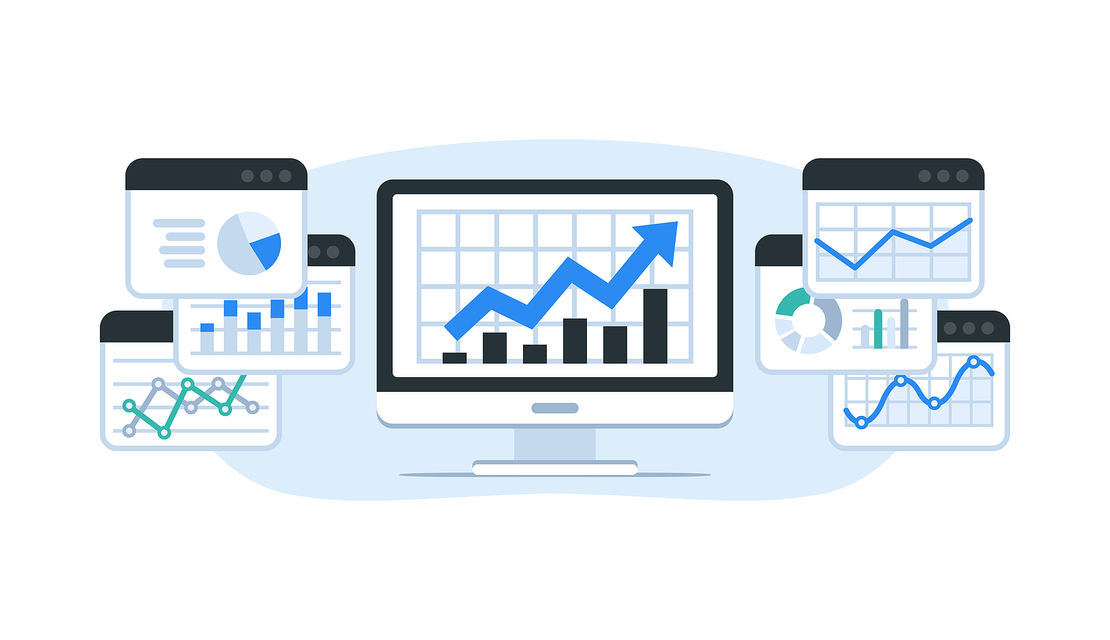 Computer browsers with graphs analyzing marketing results